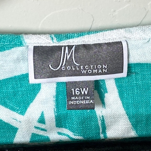 JM Collection Linen Roll-Tab Sleeve Abstract Print Top Plus Size 16W Aqua White - Picture 9 of 15